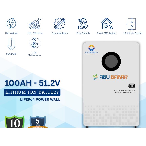 100Ah – 51.2V LiFePO4 Lithium Ion Power Wall Battery